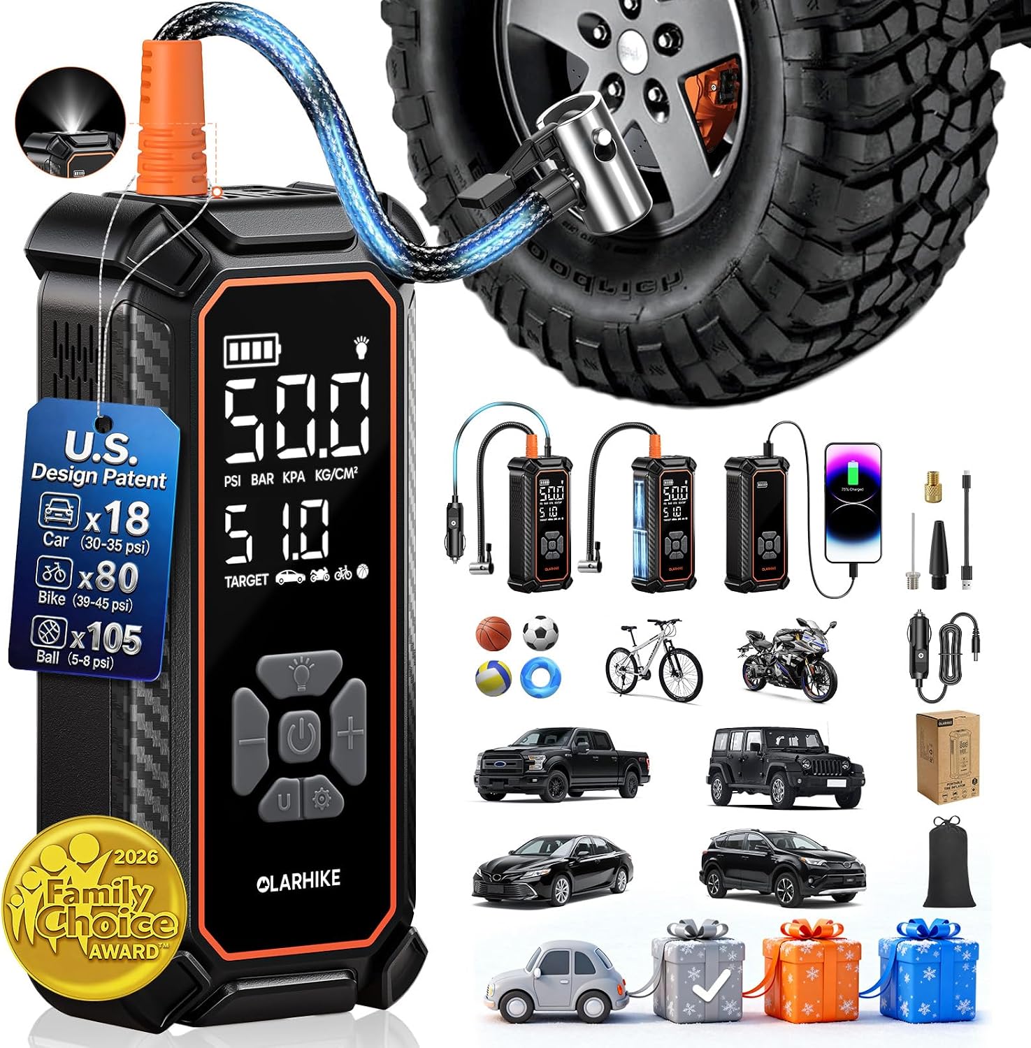 OlarHike Tire Inflator Portable Air Compressor,Dual Power-3*2000mAh &12V DC