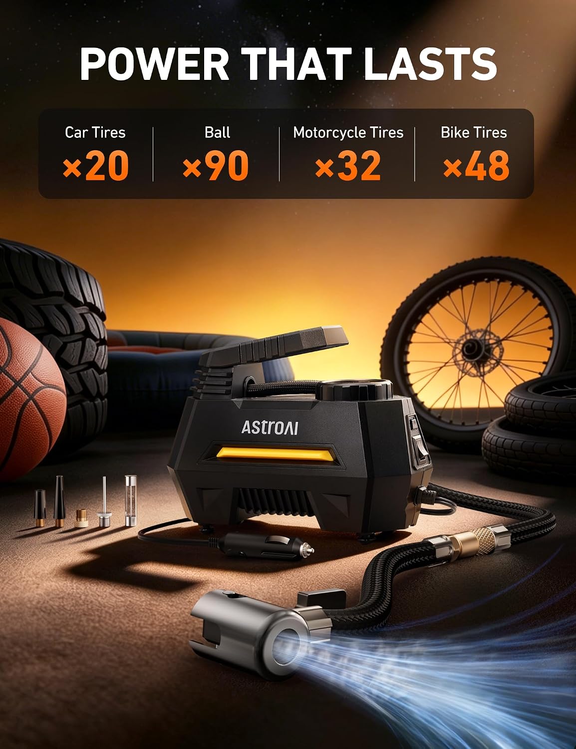 AstroAI AIRUN H Tire Inflator Portable Air Compressor, 12V DC Tire Inflator, Auto Shut-Off with Digital Pressure Gauge & LED Light, Fast Inflation for Car, Motorcycle, Bike Tires, 9.8Ft Cord, Yellow - Image 4