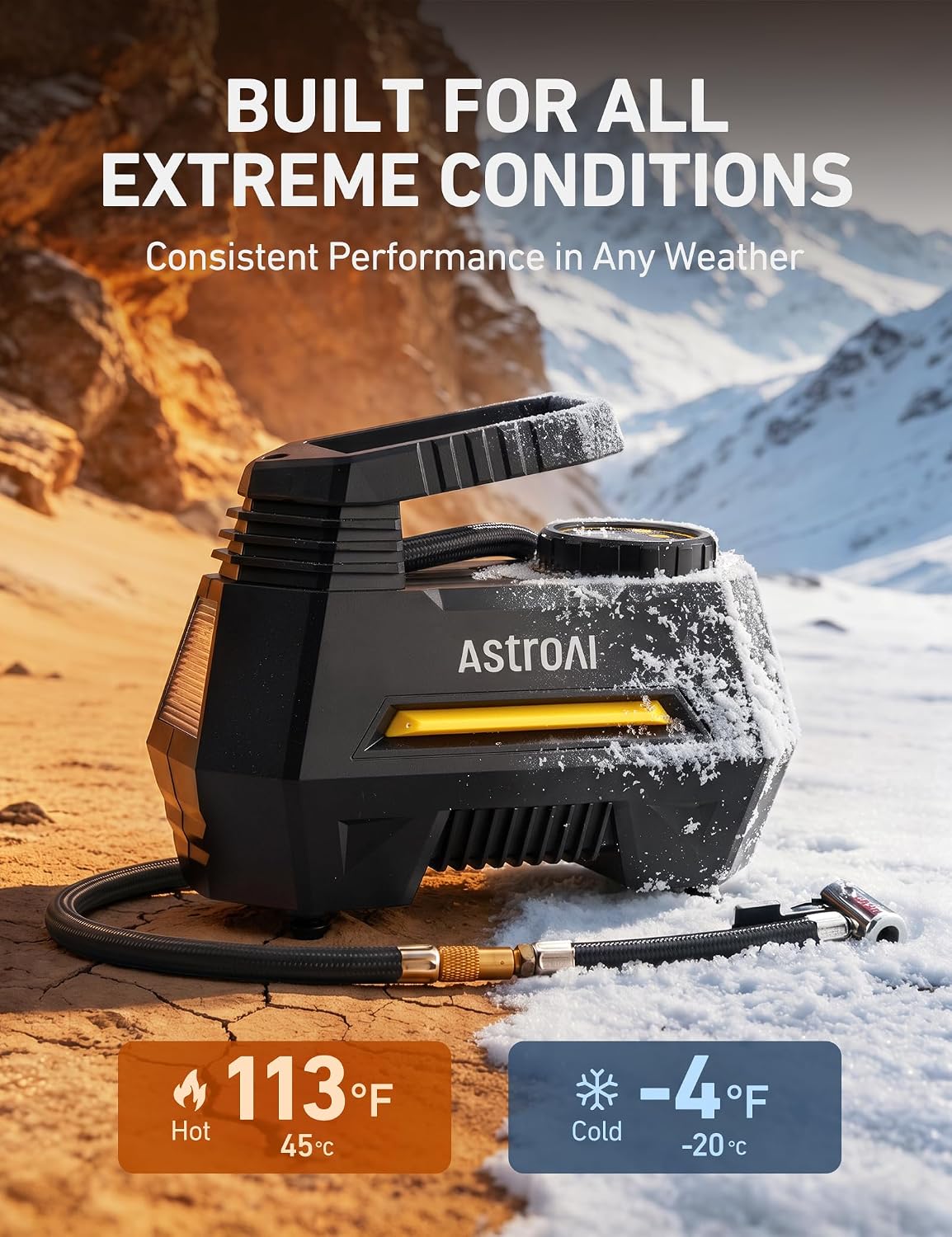 AstroAI AIRUN H Tire Inflator Portable Air Compressor, 12V DC Tire Inflator, Auto Shut-Off with Digital Pressure Gauge & LED Light, Fast Inflation for Car, Motorcycle, Bike Tires, 9.8Ft Cord, Yellow - Image 6