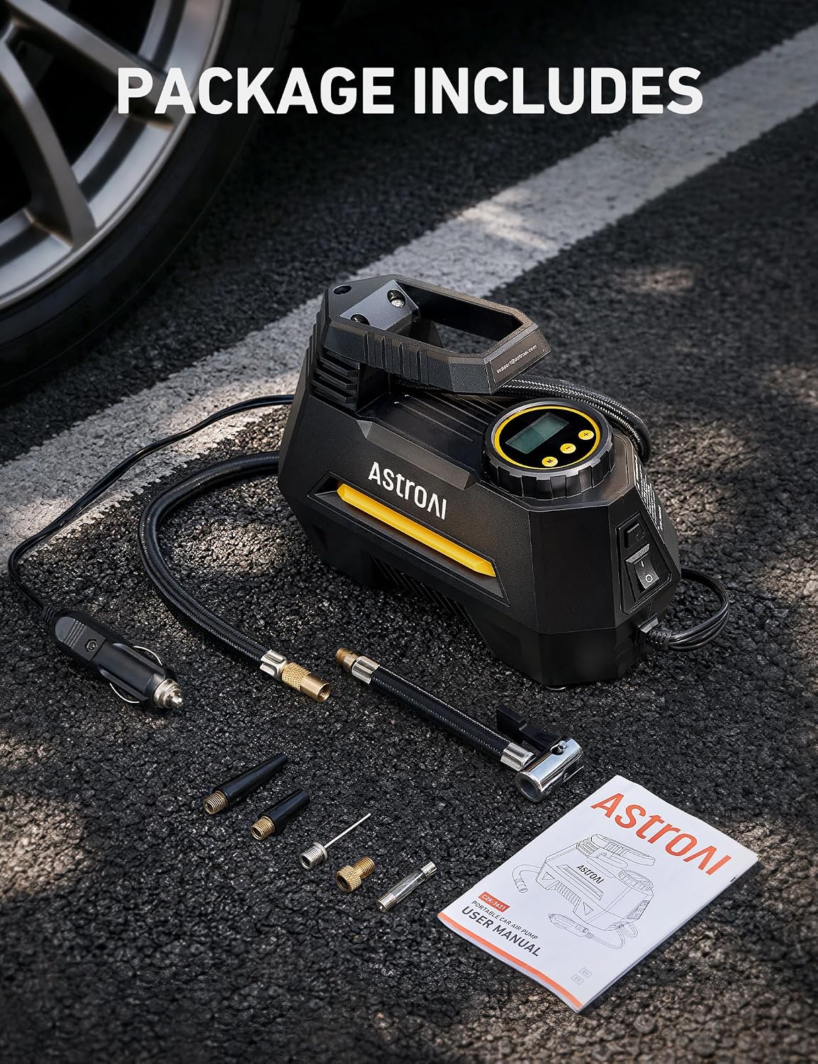 AstroAI AIRUN H Tire Inflator Portable Air Compressor, 12V DC Tire Inflator, Auto Shut-Off with Digital Pressure Gauge & LED Light, Fast Inflation for Car, Motorcycle, Bike Tires, 9.8Ft Cord, Yellow - Image 9