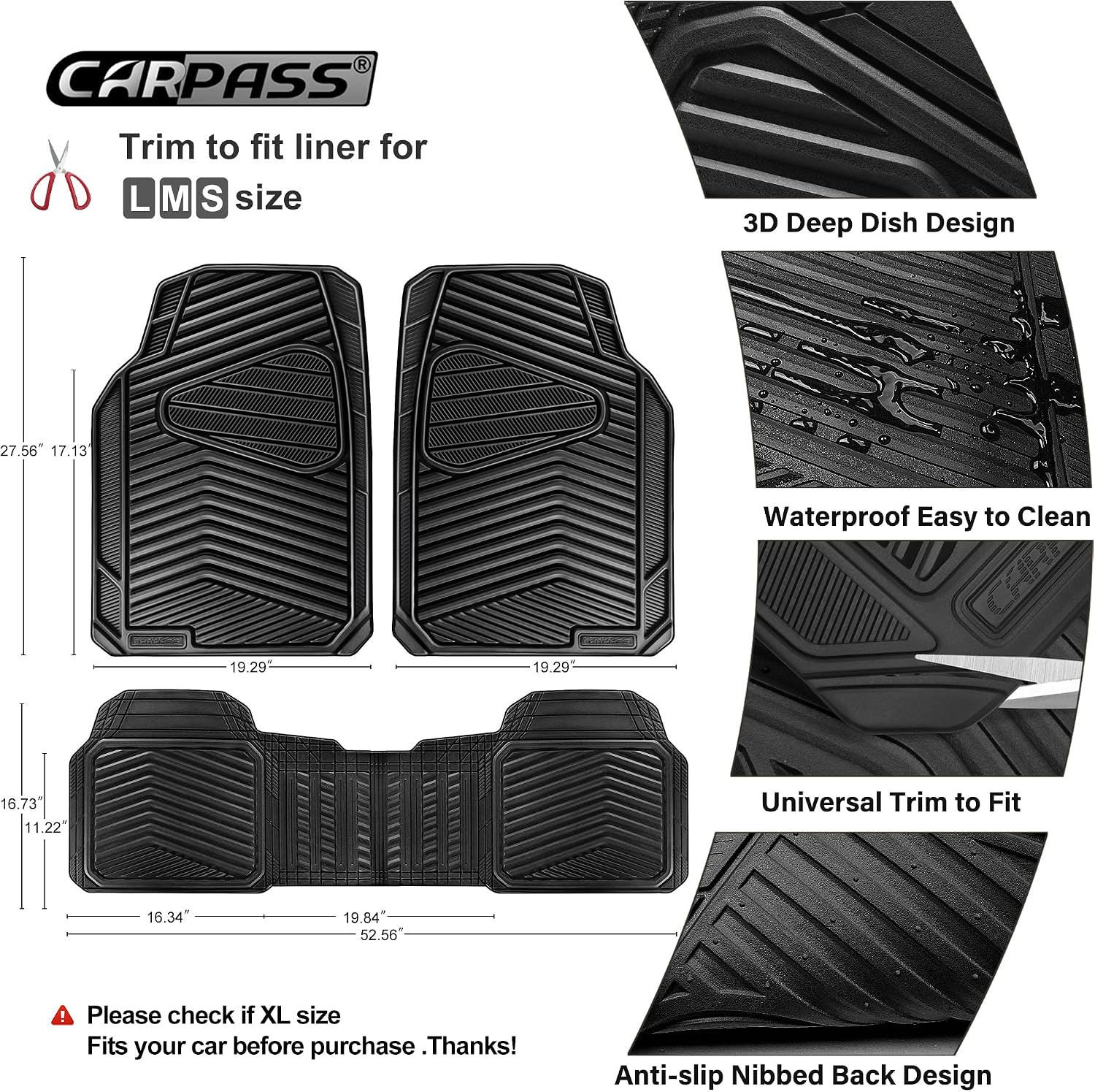 CAR PASS Rubber Car Mats, Waterproof Car Floor Mats All Weather,Car Mat Full Set 3 Piece, Automotive Floor Mat Trim to Fit for Cars Sedans SUVs Trucks, Anti-Slip Easy Clean, All Black - Image 3