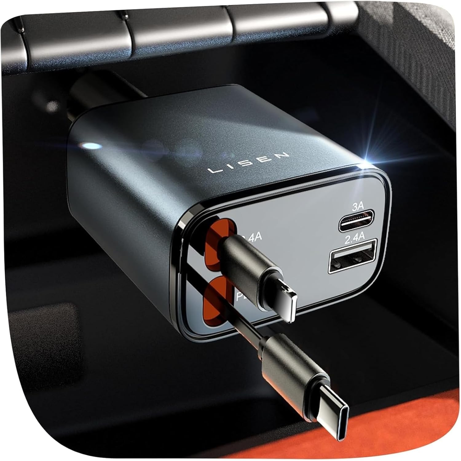 LISEN Retractable Car Charger, 84W Car Charger USB C Fast Charge,4 in 1