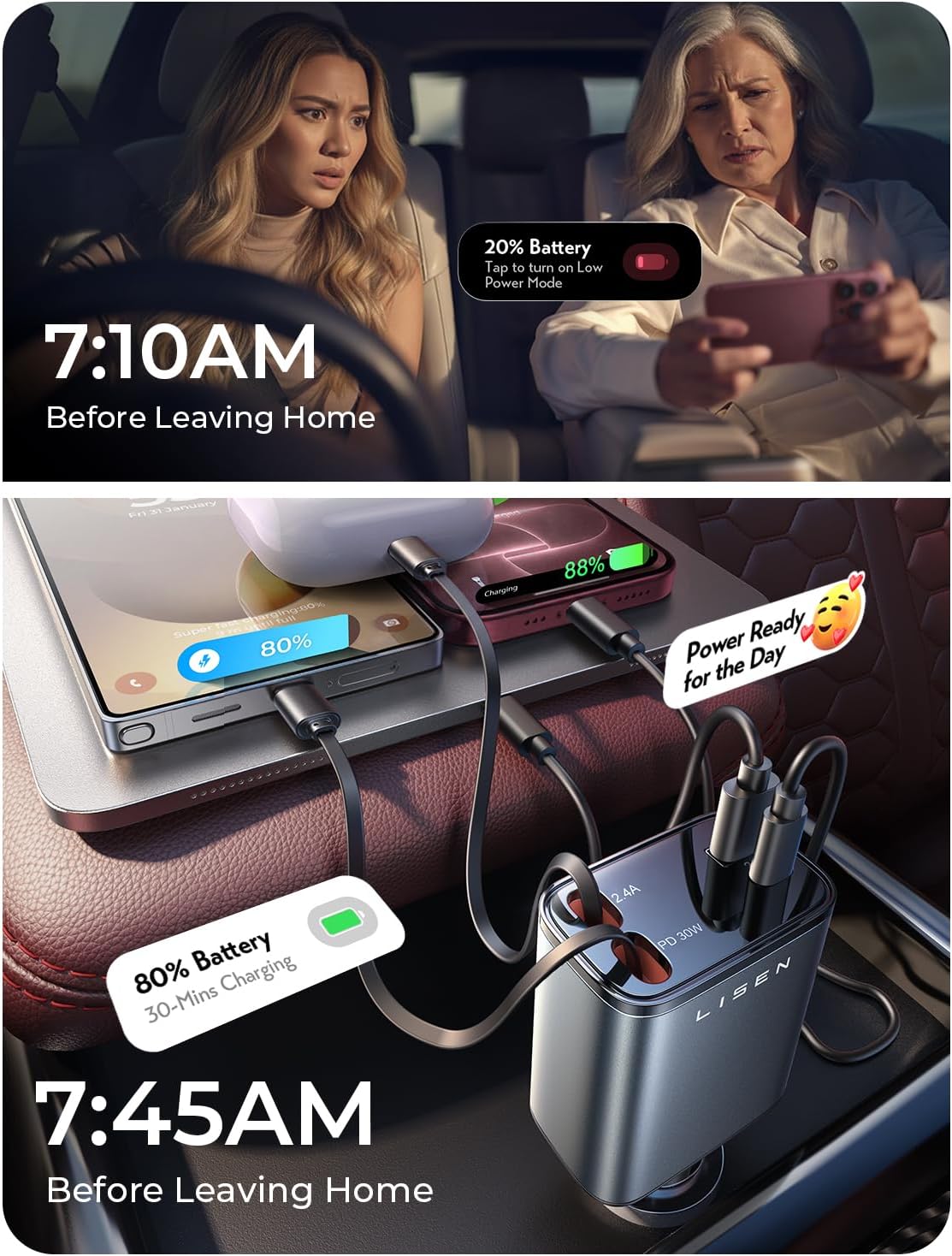 LISEN Retractable Car Charger, 84W Car Charger USB C Fast Charge,4 in 1 - Image 5