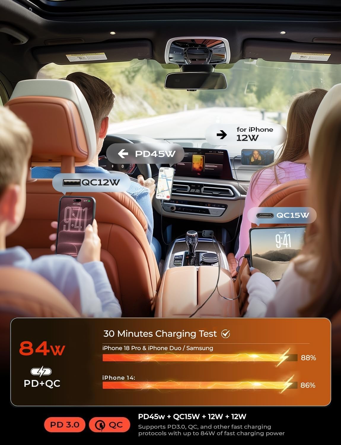 LISEN Retractable Car Charger, 84W Car Charger USB C Fast Charge,4 in 1 - Image 6
